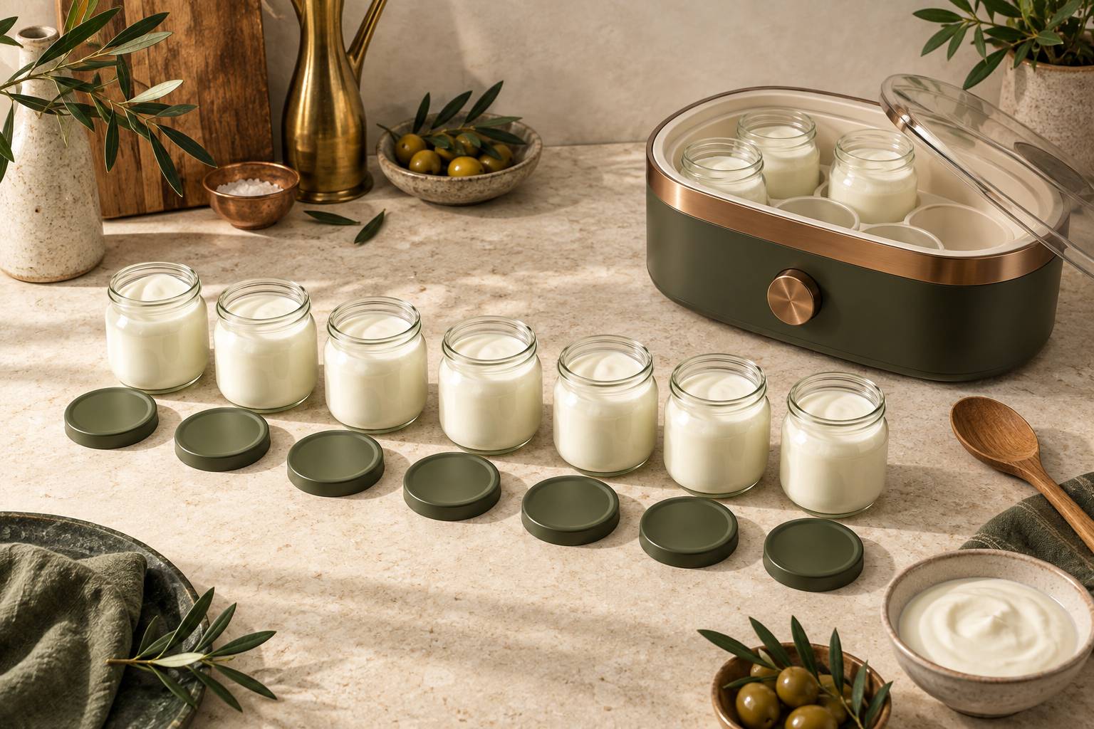 Petits pots de verre alignes avec couvercles et cuillere en bois
