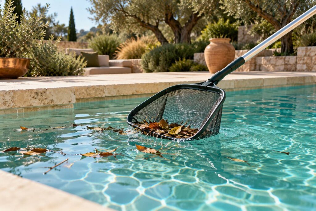 Épuisette télescopique retirant des feuilles à la surface d'une piscine claire