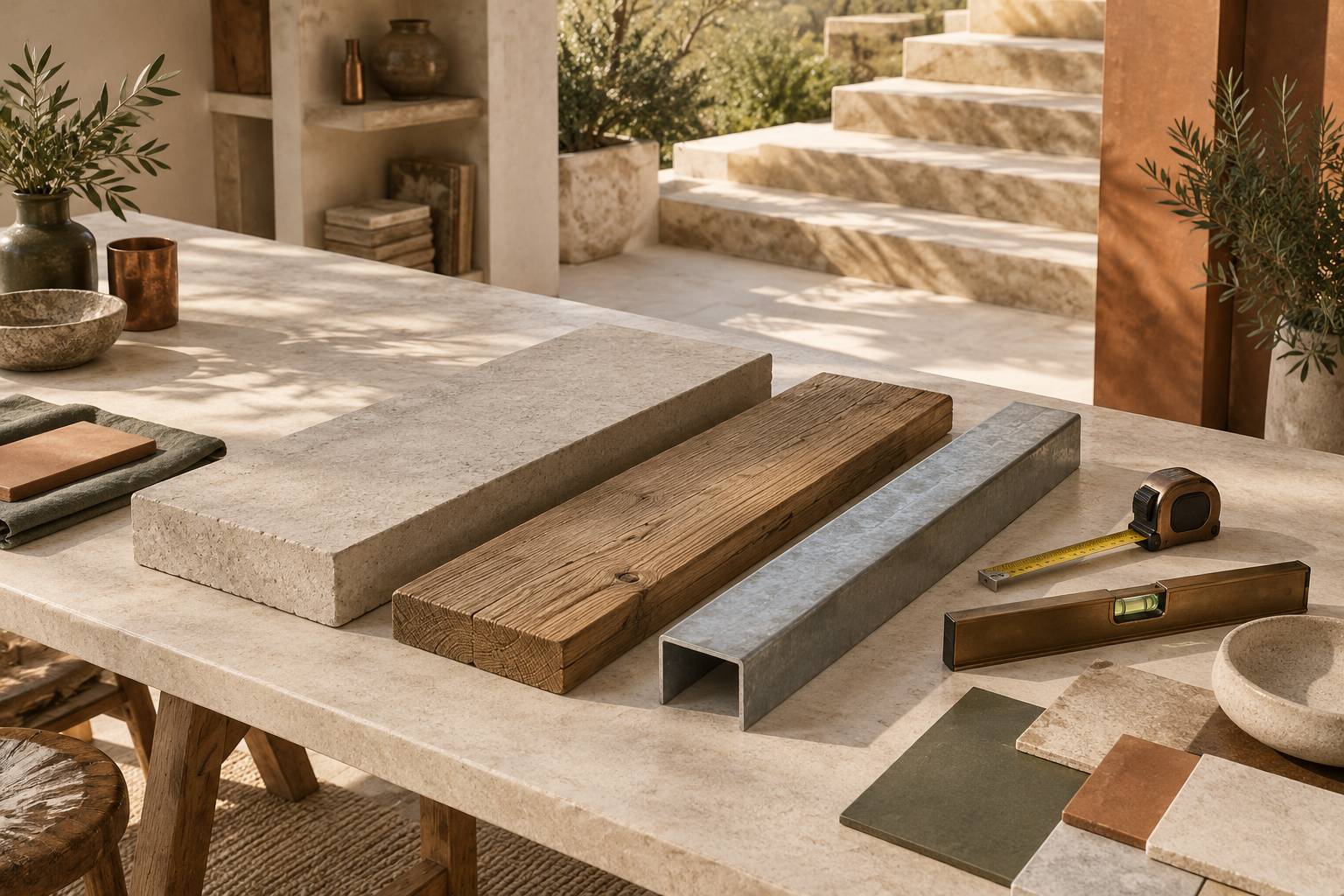 Echantillons de materiaux d'escalier exterieur avec mètre ruban et niveau