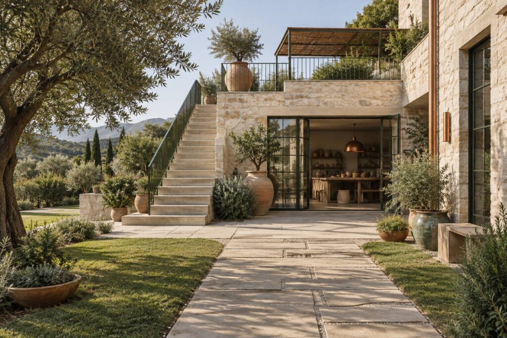 Escalier exterieur en beton reliant une terrasse surelevee au jardin