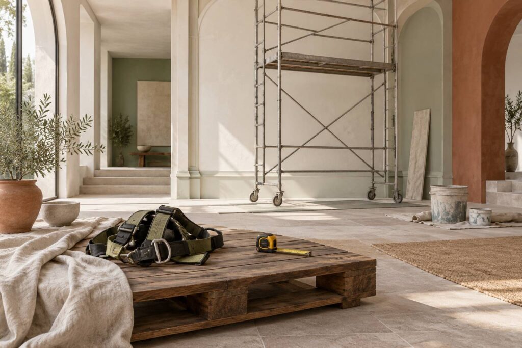 Échafaudage roulant devant une façade avec harnais et mètre sur une palette