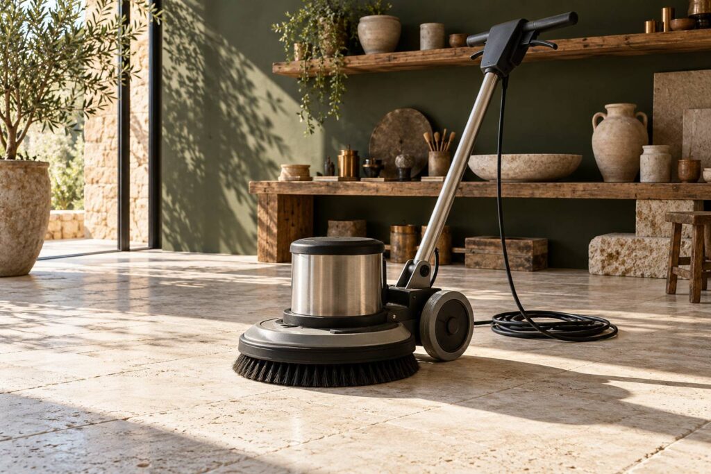 Monobrosse professionnelle sur sol en pierre calcaire dans un atelier showroom aux murs vert olive