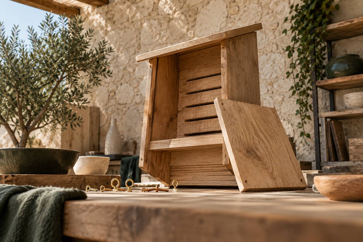 Nichoir a chauve-souris ouvert avec ses fentes d'entree en bois brut
