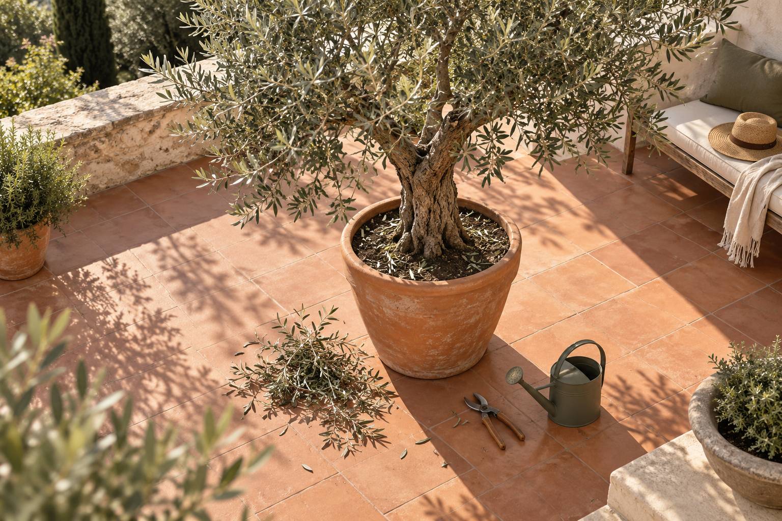 Olivier en pot avec secateur et petites branches taillees