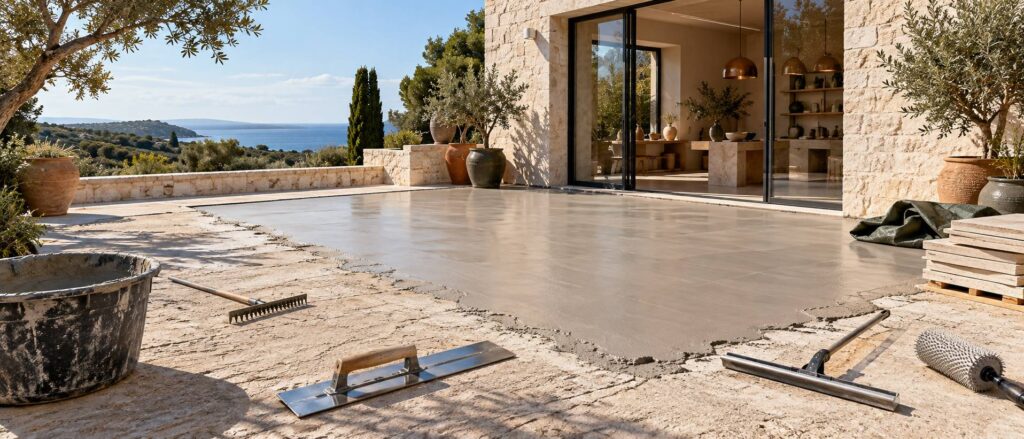 Terrasse extérieure en cours de ragréage avec truelle, seau et surface fraîchement lissée