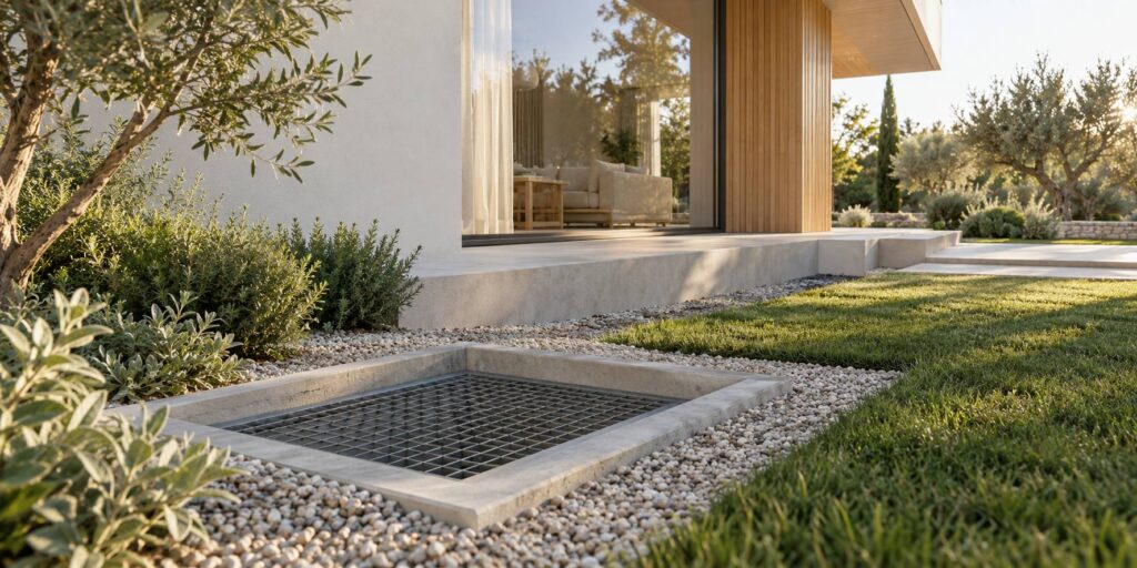 Regard de sous-sol en béton devant une façade claire avec lit de graviers et grille fine