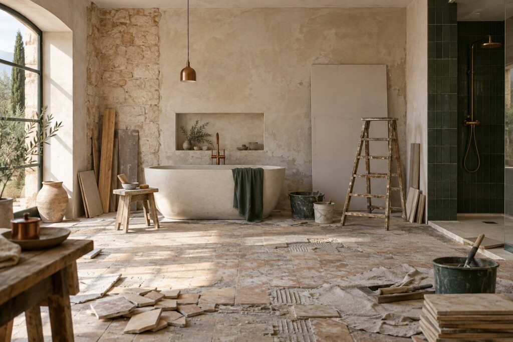 Salle de bain en rénovation avec escabeau et outils, murs bruts