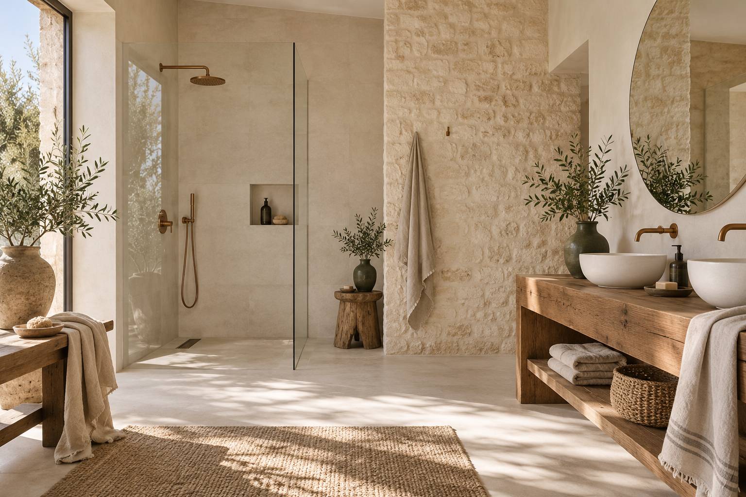 Salle de bain renovee avec douche de plain-pied et meuble vasque en bois