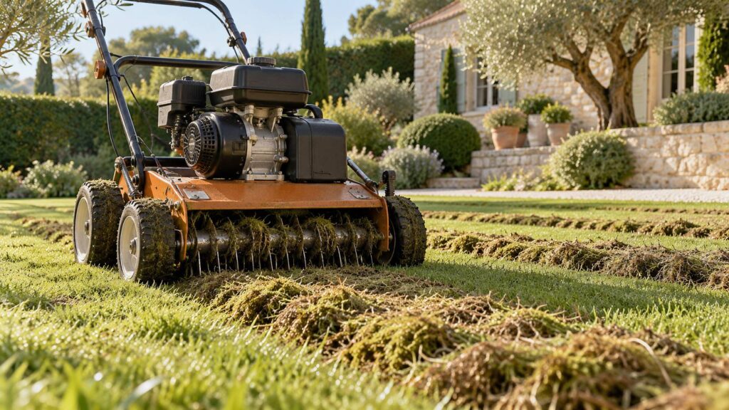 Scarificateur thermique sur une pelouse avec andains de feutre et de mousse