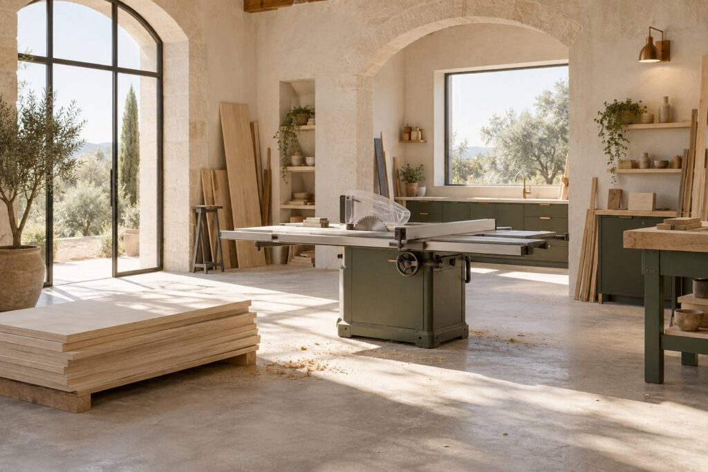 Scie circulaire sur table dans un atelier de menuiserie avec bois empile