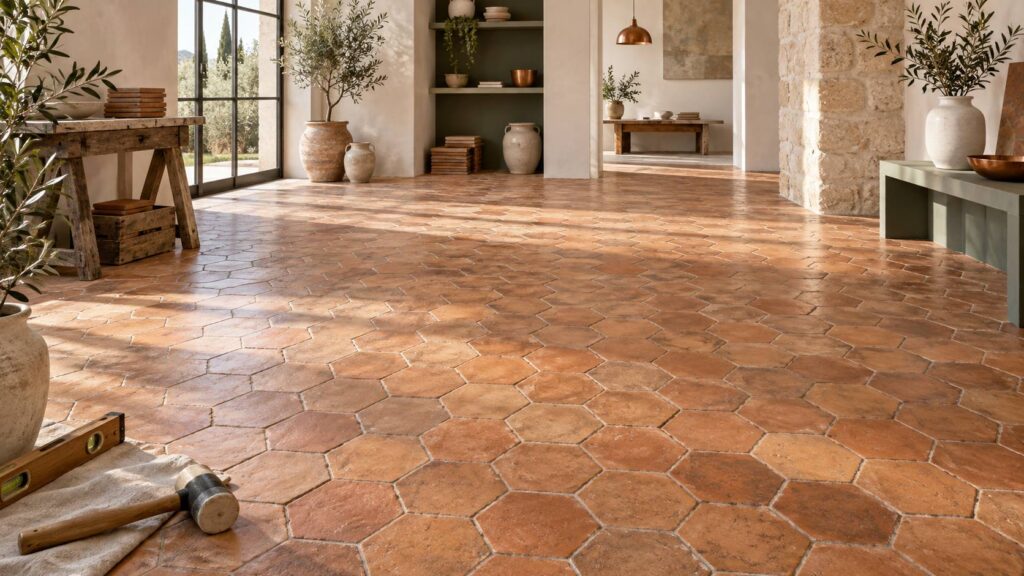 Sol de tommettes hexagonales en terre cuite dans une piece claire