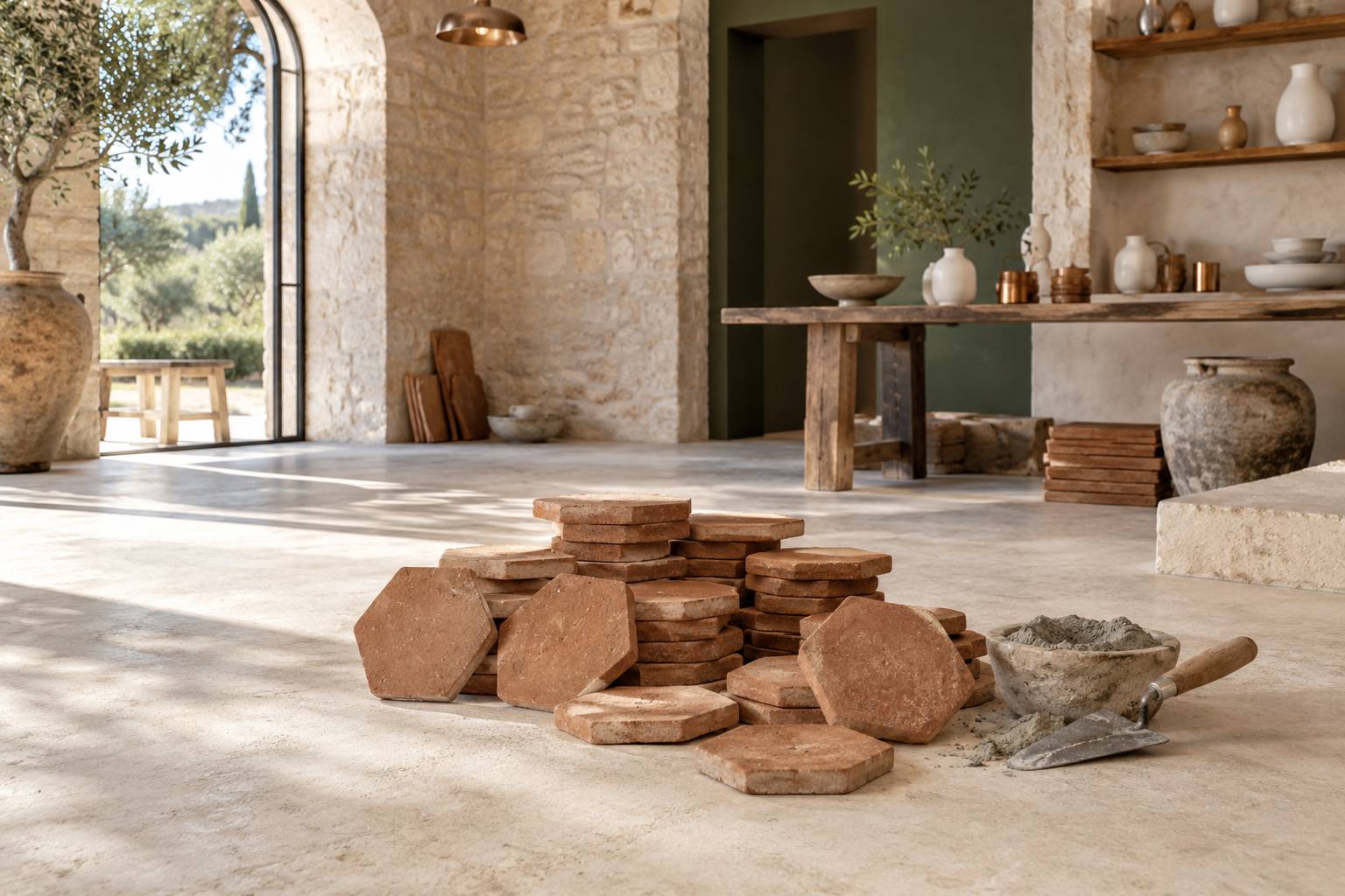 Pile de tommettes hexagonales en terre cuite avec truelle