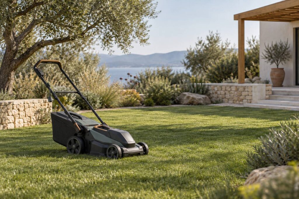 Tondeuse a batterie generique au repos sur une pelouse de jardin