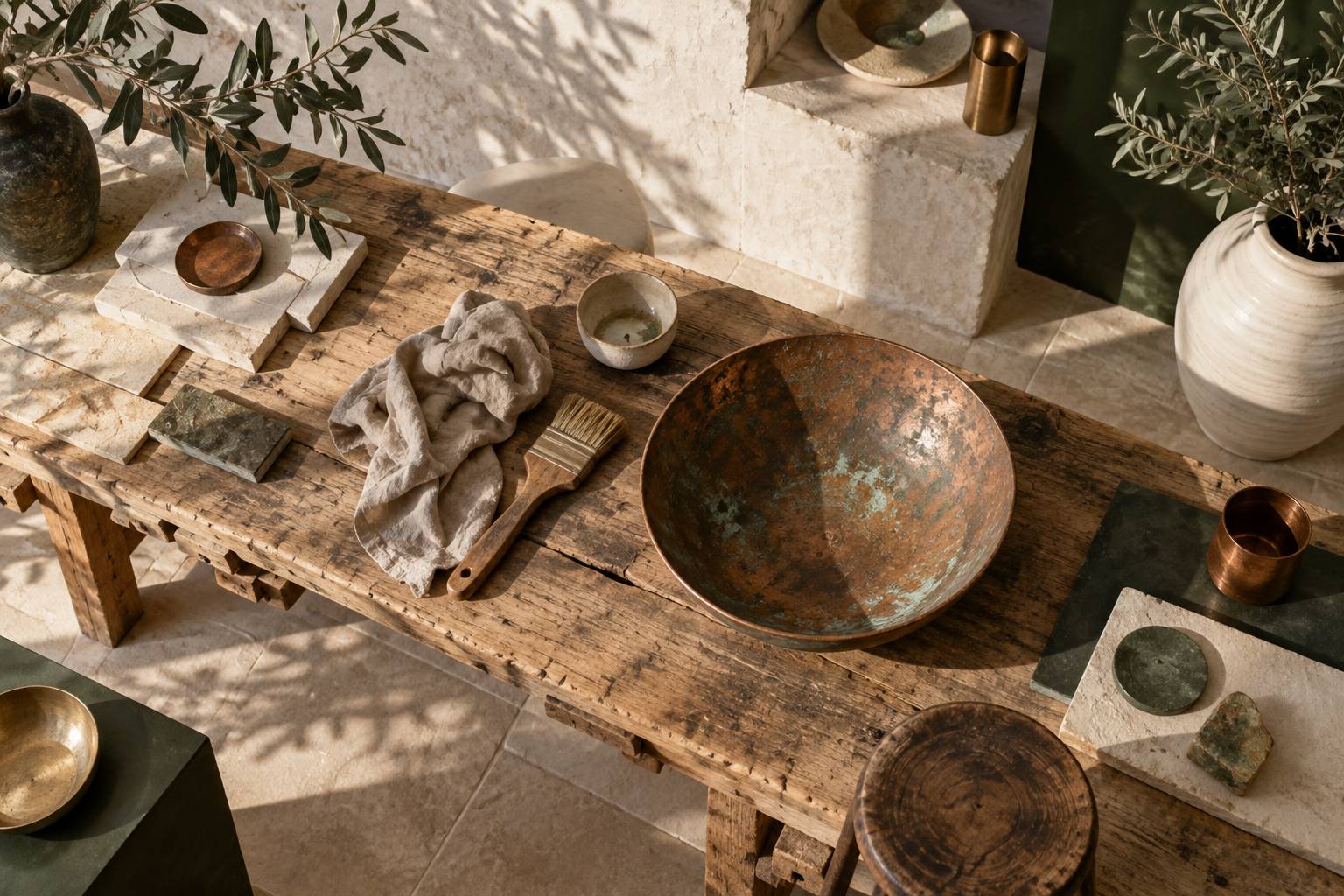 Pièce de cuivre terni avec pinceau et chiffon sur un établi